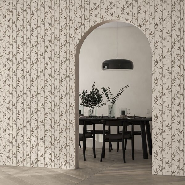 Carta da parati Motivo bambù beige con foglie in stile giapponese, Parati fiori e piante classici, a00236 : Uwalls.it
