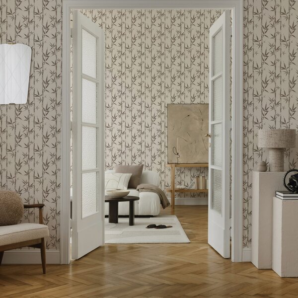 Carta da parati Motivo bambù beige con foglie in stile giapponese, Parati fiori e piante classici, a00236 : Uwalls.it