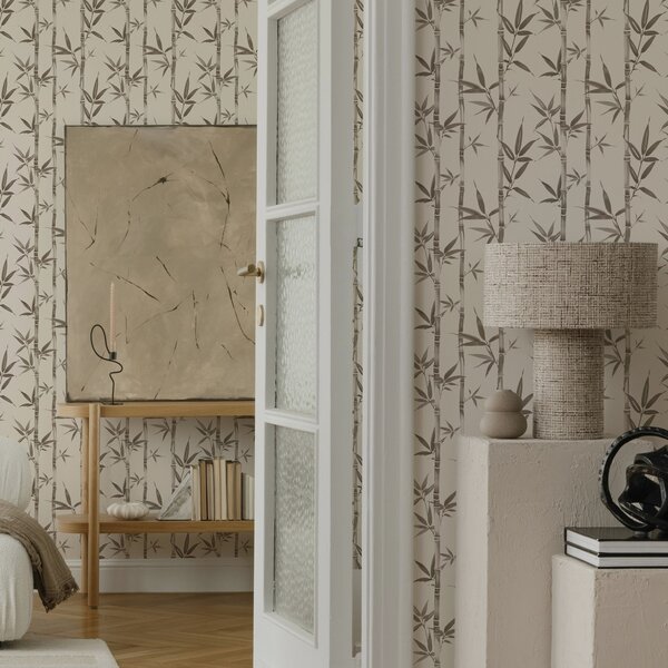 Carta da parati Motivo bambù beige con foglie in stile giapponese, Parati fiori e piante classici, a00236 : Uwalls.it