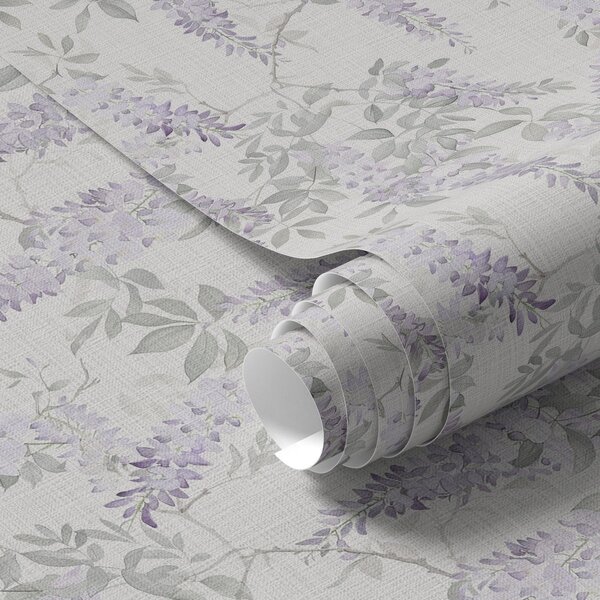 Carta da parati Glicine lilla su sfondo bianco, stile acquerello, Parati classici in stile provenzale, a00239 : Uwalls.it