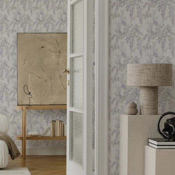 Carta da parati Glicine lilla su sfondo bianco, stile acquerello, Parati classici in stile provenzale, a00239 : Uwalls.it
