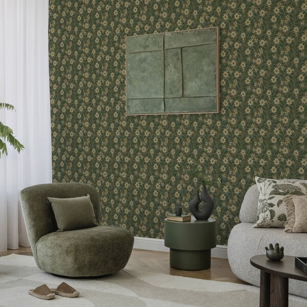 Carta da parati Fiori e bacche gialle su sfondo verde, Parati fiori e piante classici, a00242 : Uwalls.it