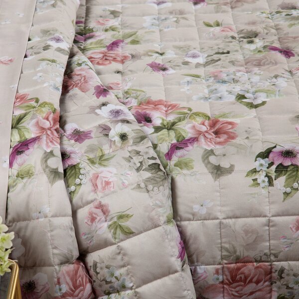 Copriletto Trapuntato In Raso Di Cotone Damasco Matrimoniale Dreaming Floreale Beige Caleffi