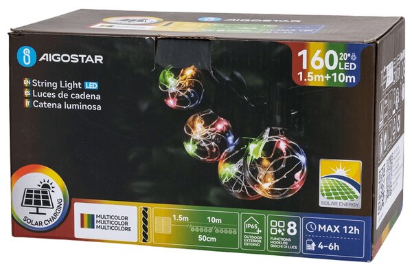 Catena luminosa 160 Led decorativa a energia solare 10 metri 20 lampadine a sfera trasparenti RGB Aigostar
