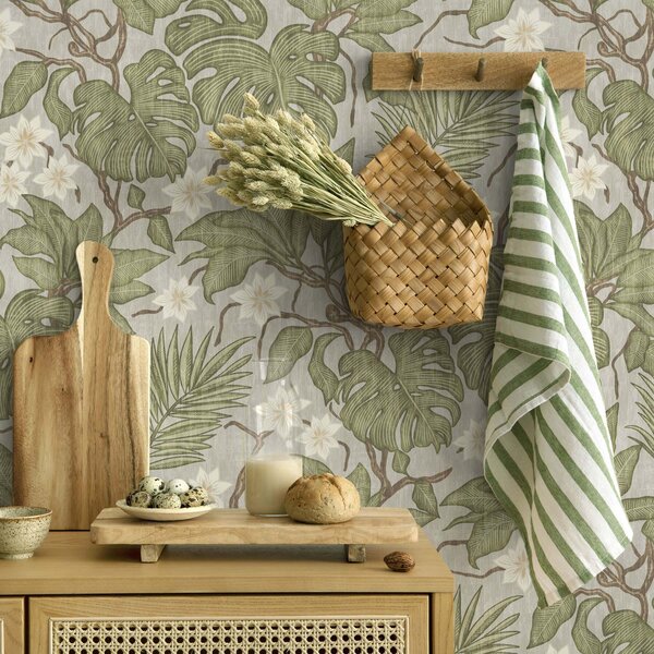 Carta da parati Foglie e fiori di monstera tropicale su sfondo grigio, Parati natura classici, Parati natura foglie classici, a00249 : Uwalls.it