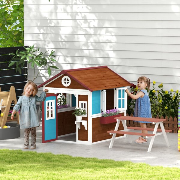 Outsunny Casetta in Legno per Bambini con Porta Finestre Fioriere e Ripiani con Dettagli Colorati 114x126,4x135 cm Marrone Scuro | Aosom Italy