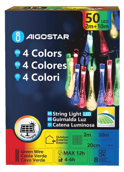 Catena decorata con 50 Gocce a Led RGBY 10 metri con pannello solare Aigostar
