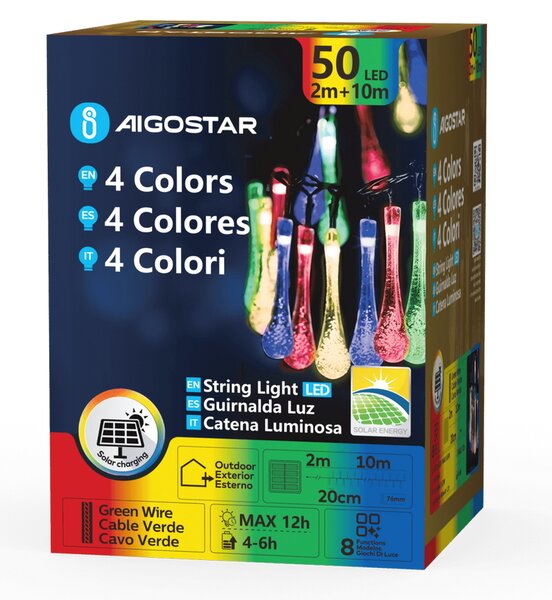 Catena decorata con 50 Gocce a Led RGBY 10 metri con pannello solare Aigostar