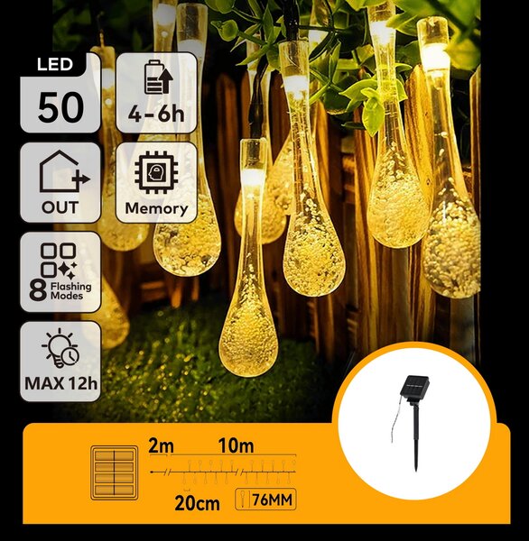 Catena decorata con 50 Gocce a Led Bianco caldo 10 metri con pannello solare Aigostar