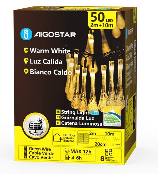 Catena decorata con 50 Gocce a Led Bianco caldo 10 metri con pannello solare Aigostar