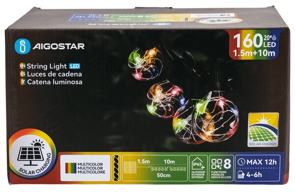 Catena luminosa 160 Led decorativa a energia solare 10 metri 20 lampadine a sfera trasparenti RGB Aigostar
