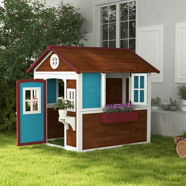 Outsunny Casetta in Legno per Bambini con Porta Finestre Fioriere e Ripiani con Dettagli Colorati 114x126,4x135 cm Marrone Scuro | Aosom Italy