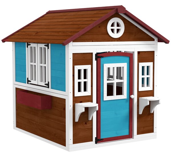 Outsunny Casetta in Legno per Bambini con Porta Finestre Fioriere e Ripiani con Dettagli Colorati 114x126,4x135 cm Marrone Scuro | Aosom Italy