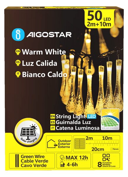 Catena decorata con 50 Gocce a Led Bianco caldo 10 metri con pannello solare Aigostar