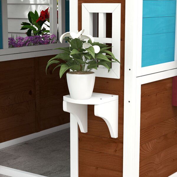 Outsunny Casetta in Legno per Bambini con Porta Finestre Fioriere e Ripiani con Dettagli Colorati 114x126,4x135 cm Marrone Scuro | Aosom Italy