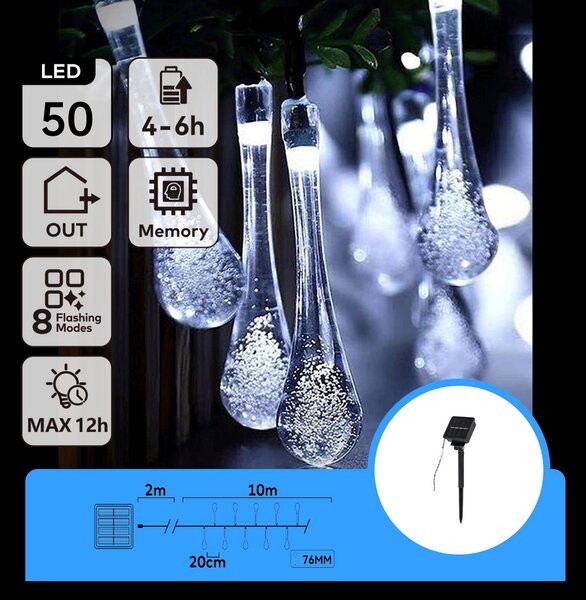 Catena decorata con 50 Gocce a Led Bianco freddo 10 metri con pannello solare Aigostar