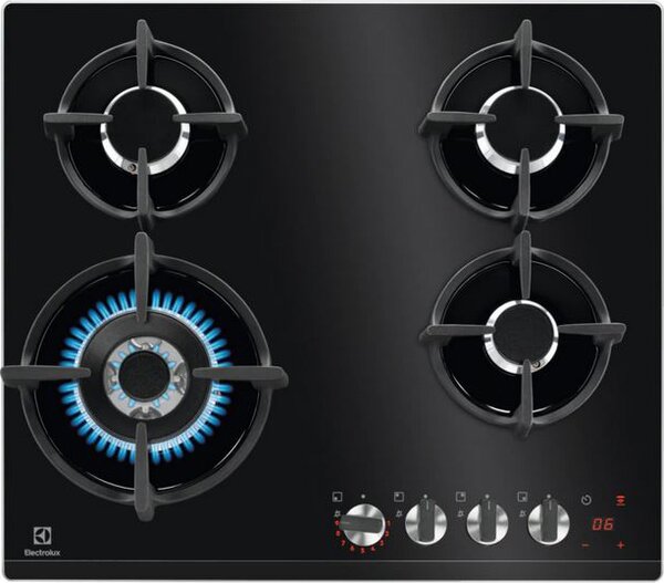 Electrolux Piano Cottura a Gas 4 Fuochi da Incasso 60 in Cristallo Temperato colore Nero - KGG64375K Gas on Glass Serie 800