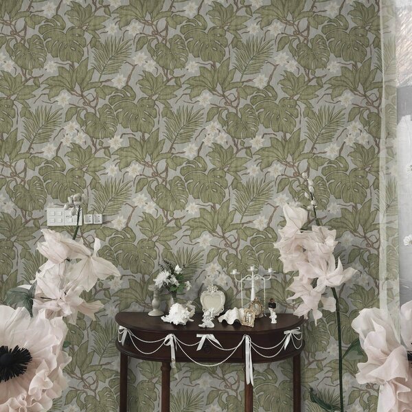 Carta da parati Foglie e fiori di monstera tropicale su sfondo grigio, Parati natura classici, Parati natura foglie classici, a00249 : Uwalls.it