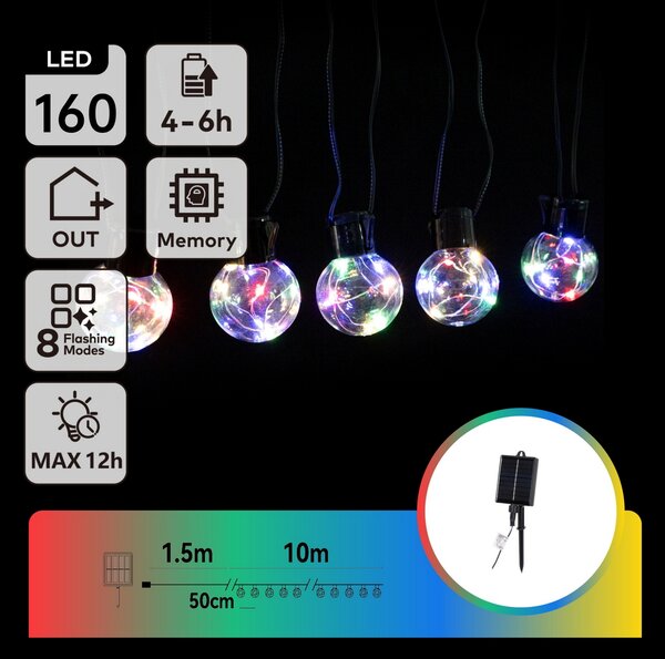Catena luminosa 160 Led decorativa a energia solare 10 metri 20 lampadine a sfera trasparenti RGB Aigostar