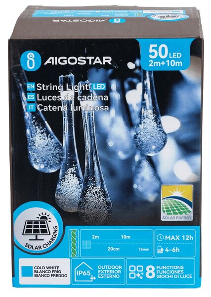 Catena decorata con 50 Gocce a Led Bianco freddo 10 metri con pannello solare Aigostar