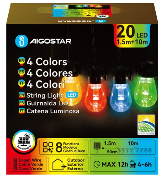 Catena luminosa a Led decorativa a energia solare 10 metri 20 lampadine trasparenti RGB Aigostar