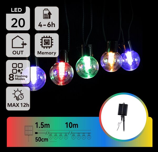 Catena luminosa a Led decorativa a energia solare 10 metri 20 lampadine a sfera trasparenti RGB Aigostar