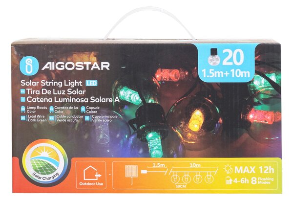 Catena luminosa a Led decorativa a energia solare 10 metri 20 lampadine a sfera trasparenti RGB Aigostar