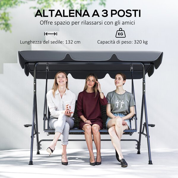 Outsunny Dondolo da Giardino 3 Posti in Rattan PE e Acciaio con Tettuccio e Portabicchieri, 204x112x150 cm, Grigio | Aosom Italy