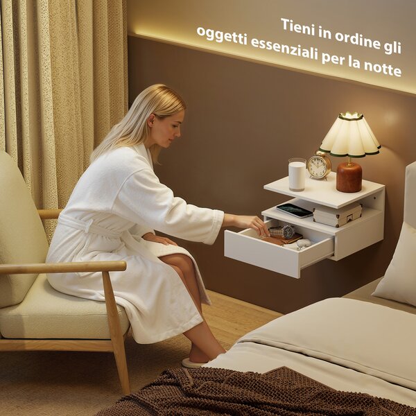 HOMCOM Set di 2 Comodini Sospesi con Cassetto e Mensola Aperta, 35x32x22.5 cm, Bianco | Aosom Italy