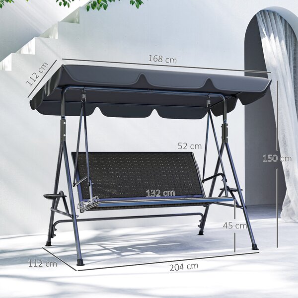 Outsunny Dondolo da Giardino 3 Posti in Rattan PE e Acciaio con Tettuccio e Portabicchieri, 204x112x150 cm, Grigio | Aosom Italy