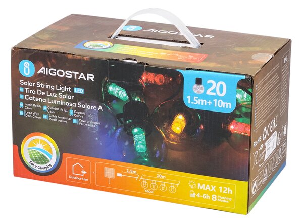 Catena luminosa a Led decorativa a energia solare 10 metri 20 lampadine a sfera trasparenti RGB Aigostar