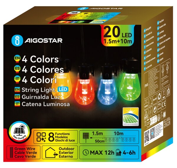 Catena luminosa a Led decorativa a energia solare 10 metri 20 lampadine trasparenti RGB Aigostar