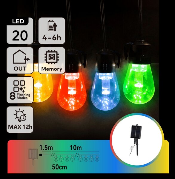 Catena luminosa a Led decorativa a energia solare 10 metri 20 lampadine trasparenti RGB Aigostar