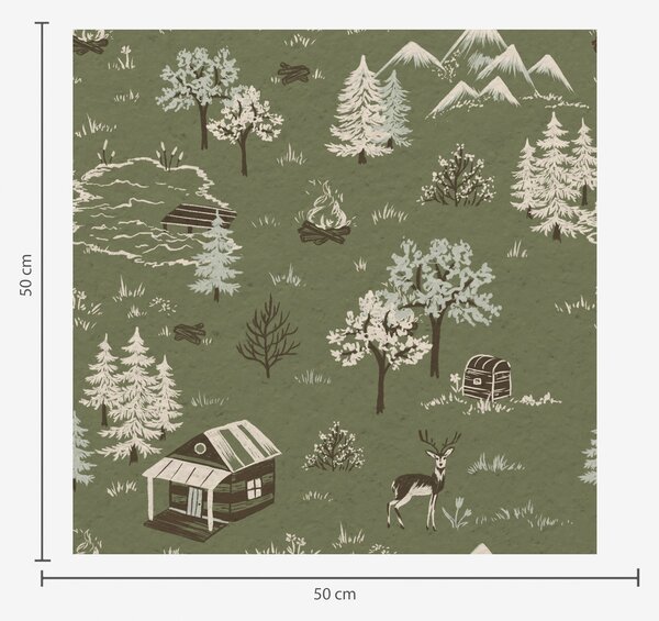 Carta da parati Bosco dipinto con lago, capanna e animali, Parati foresta classici, a00267 : Uwalls.it