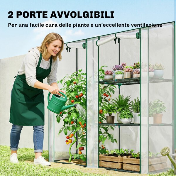 Outsunny Serra Verticale a 2 Sezioni con 3 Ripiani, in Plastica e Acciaio, 143x45x151 cm, Verde Scuro e Trasparente | Aosom Italy