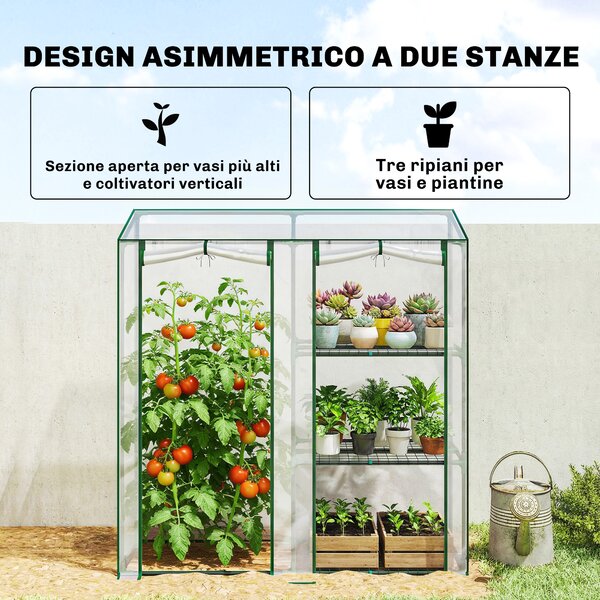 Outsunny Serra Verticale a 2 Sezioni con 3 Ripiani, in Plastica e Acciaio, 143x45x151 cm, Verde Scuro e Trasparente | Aosom Italy