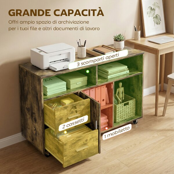 HOMCOM Mobile Porta Stampante a Rotelle con 2 Cassetti, 3 Ripiani e 2 Armadietti, in Legno, 100x35x65 cm, Marrone | Aosom Italy