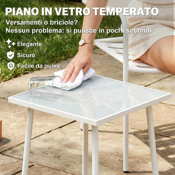 VivaGarden Salotto da Giardino con 2 Sedie e Tavolino in Acciaio Galvanizzato/Vetro Temperato colore Bianco