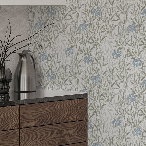 Carta da parati Stampa botanica leggera con fiori blu, Parati classici in stile provenzale, a00268 : Uwalls.it