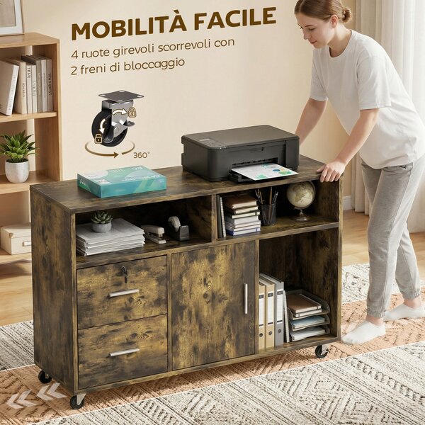 HOMCOM Mobile Porta Stampante a Rotelle con 2 Cassetti, 3 Ripiani e 2 Armadietti, in Legno, 100x35x65 cm, Marrone | Aosom Italy