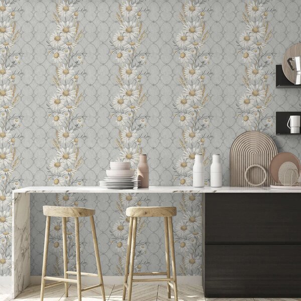 Carta da parati Margherite su sfondo grigio con motivo geometrico, Parati fiori e piante classici, a00269 : Uwalls.it