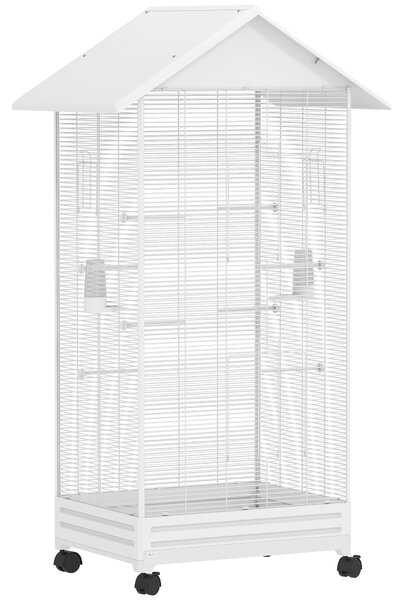 PawHut Gabbia per Uccelli, Voliera in Acciaio con Ruote, 79x65x155cm, Bianco | Aosom Italy