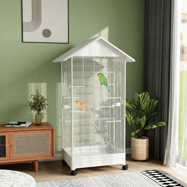 PawHut Gabbia per Uccelli, Voliera in Acciaio con Ruote, 79x65x155cm, Bianco | Aosom Italy