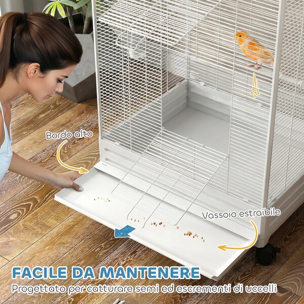 PawHut Gabbia per Uccelli, Voliera in Acciaio con Ruote, 79x65x155cm, Bianco | Aosom Italy