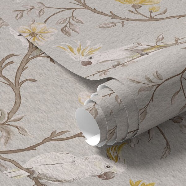 Carta da parati Pappagalli e fiori gialli su sfondo chiaro, Parati fiori e piante classici, a00270 : Uwalls.it