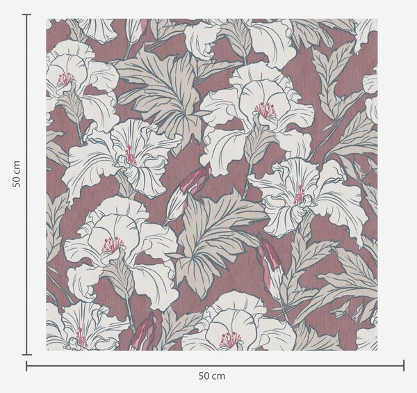 Carta da parati Ibisco bianco su sfondo rosa con boccioli rossi, Parati fiori e piante classici, a00272 : Uwalls.it
