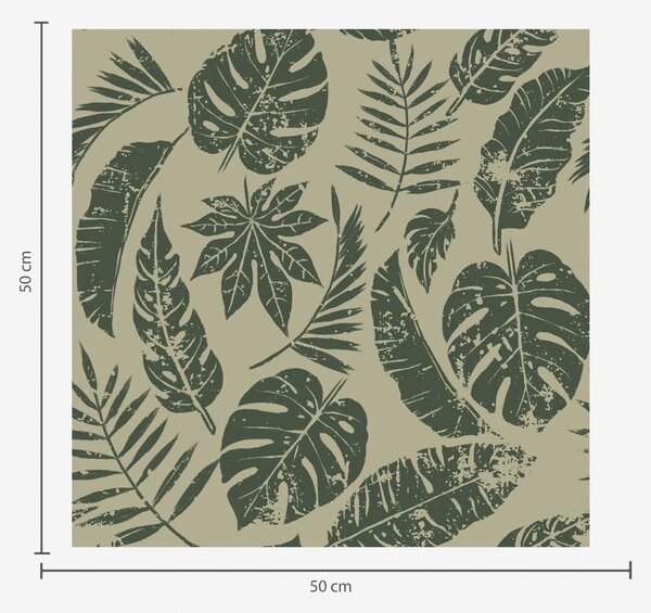 Carta da parati Foglie tropicali in stile linoleografico, verde su giallo, Parati fiori e piante classici, a00274 : Uwalls.it
