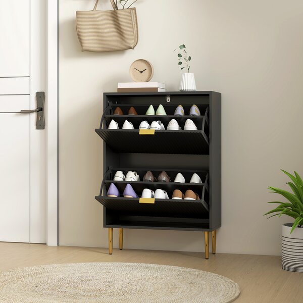 HOMCOM Mobile portascarpe 12 paia con 2 cassetti ribaltabili, ante scanalate e ripiani regolabili, 60x24x91,5cm, nero | Aosom Italy