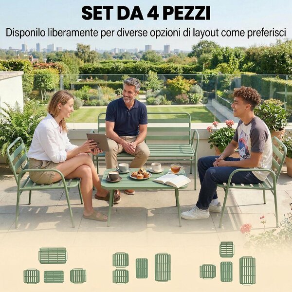 VivaGarden Salotto da Giardino con Divano 2 Posti 2 Sedie e Tavolino in Metallo/Acciaio colore Verde
