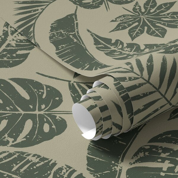 Carta da parati Foglie tropicali in stile linoleografico, verde su giallo, Parati fiori e piante classici, a00274 : Uwalls.it